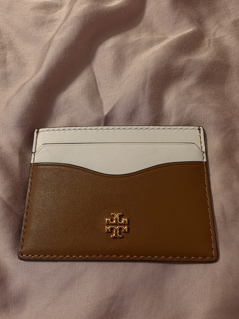 Tory Burch Two-Tone Leather Card Holder in Brown & Cream